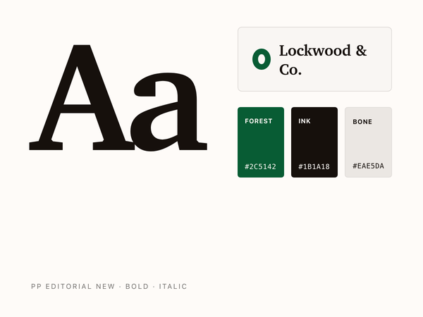 A small brand sheet: a serif Aa typeface specimen on the left, a circle logo with the wordmark Lockwood and Co, and three color swatches labeled Forest, Ink, and Bone with hex values.