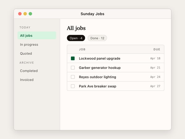 A Mac window titled Sunday Jobs with a sidebar of categories on the left and a job list on the right, including Lockwood panel upgrade due April eighteen and three more entries.